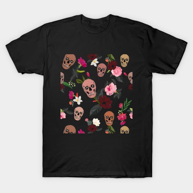 Skull and roses, vanilla, cosmos flower T-Shirt by GULSENGUNEL